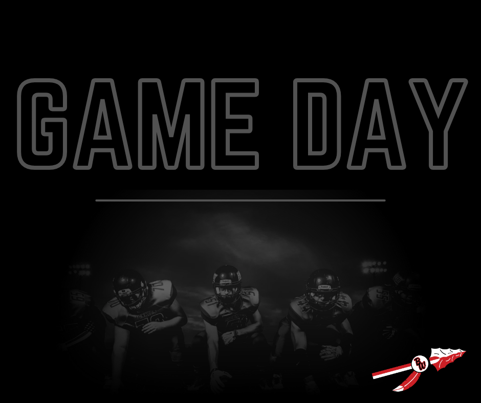 Baldwin-Woodville Game Day graphic featuring football players on a dark field and the district spear logo.