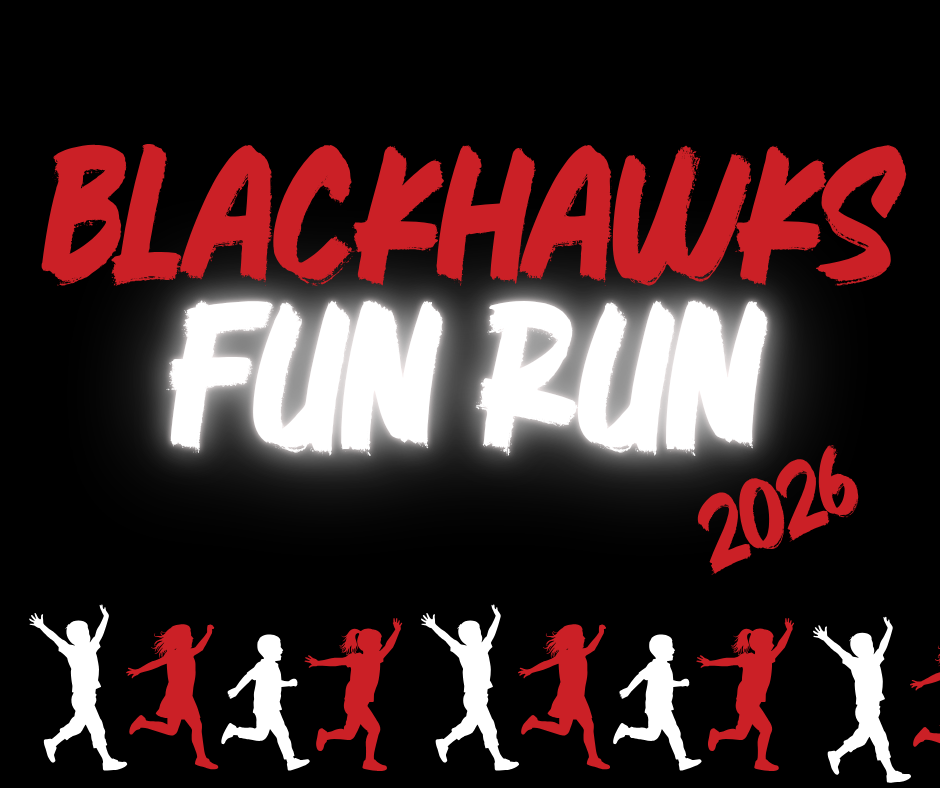 BLACKHAWKS FUN RUN on a black background with silhouettes of kids running.