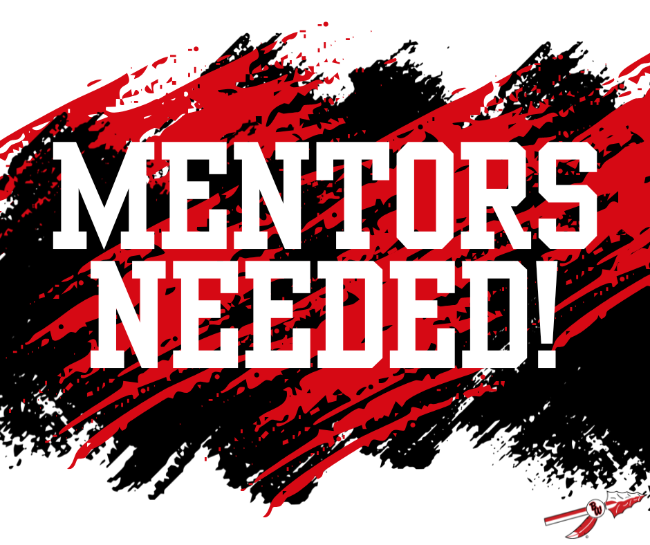 Graphic with text reading "MENTORS NEEDED!" in white block lettering over a dynamic red, black, and white paint stroke background. Features the Baldwin-Woodville Blackhawks spear logo in the bottom right corner.