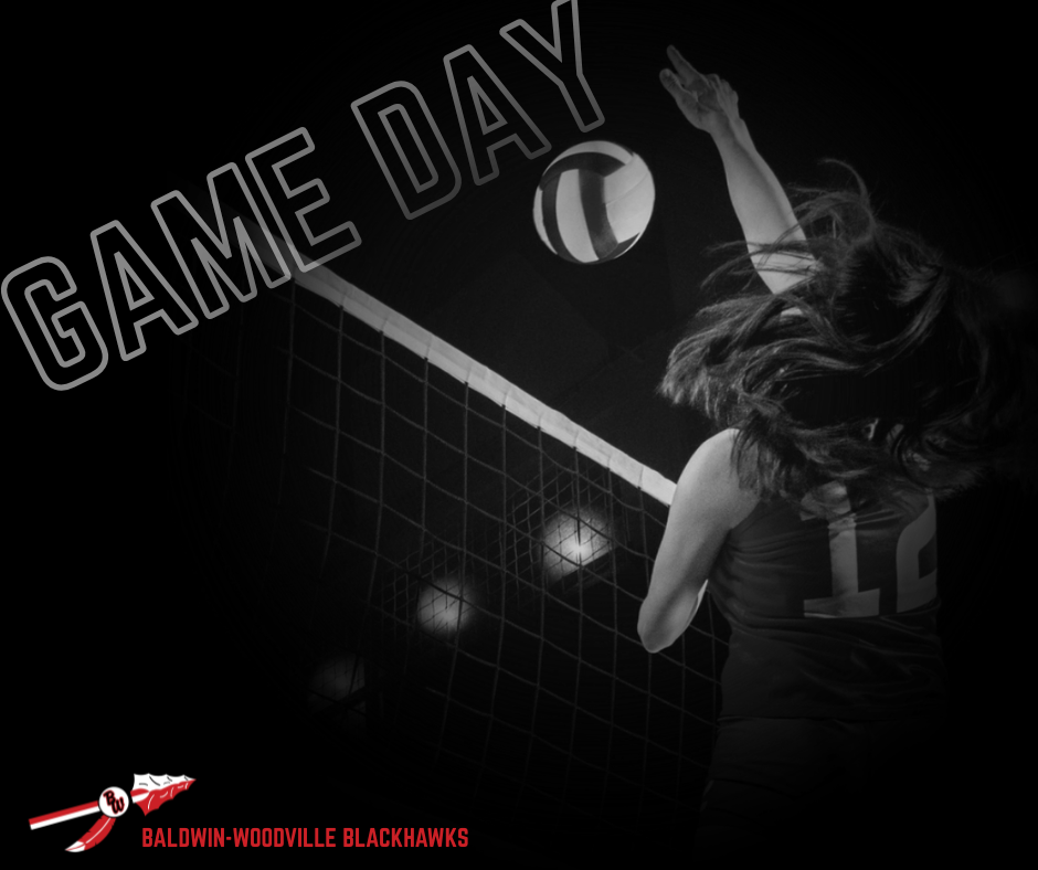 Black-and-white graphic with text reading "GAME DAY" and "BALDWIN-WOODVILLE BLACKHAWKS", featuring a volleyball player in jersey number 12 spiking a ball over the net.