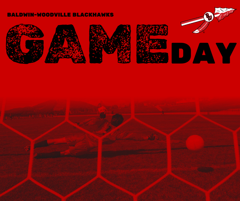 GAME DAY written in black font on a red background. The bottom is a faded photo of a boys soccer goalie diving.