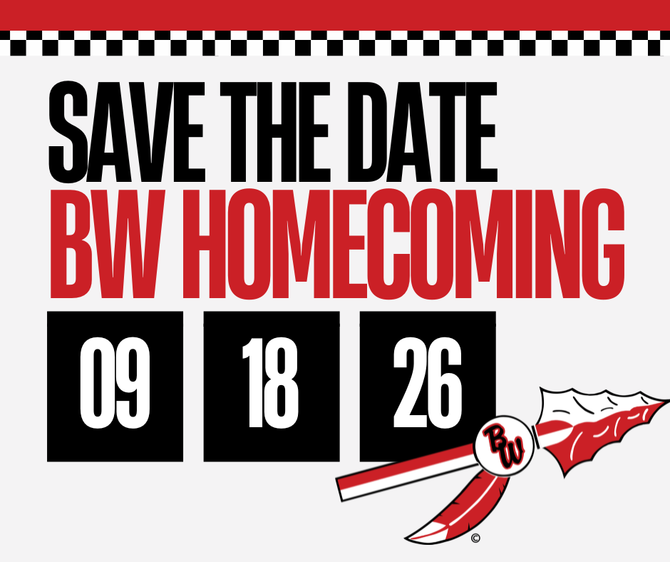 SAVE THE DATE on a white background with a BW spear with red and white accents.
