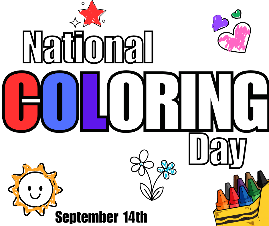 Graphic announcing National Coloring Day on September 14th with colorful doodles and crayons.