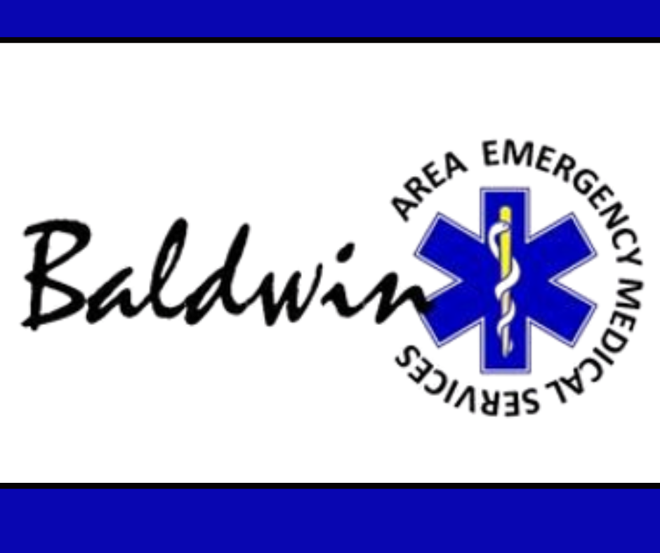 The word "Baldwin" is written in black cursive script on the left. Surrounding the top and bottom of the star emblem on the right is the text "AREA EMERGENCY MEDICAL SERVICES" in black uppercase letters.