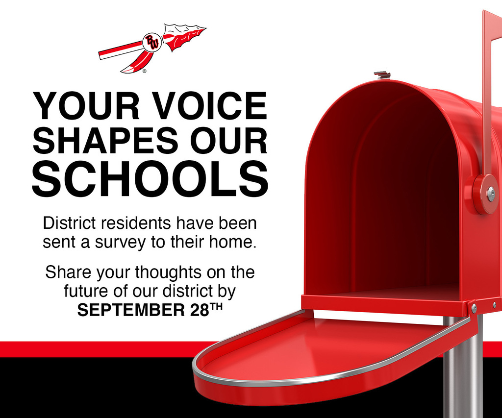 An open, red mailbox next to text reading "Your Voice Shapes Our Schools." The graphic informs Baldwin-Woodville school district residents that a survey has been sent to their homes and asks them to share their thoughts on the future of the district by September 28th. The logo featuring the letters "BW" on a red and white feather graphic appears at the top.