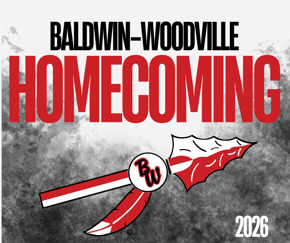 Baldwin-Woodville Homecoming 2026 promo graphic featuring the district's red, white, and black spear and feather logo on a textured gray background.