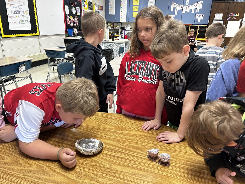 Elementary school students leaning over a wooden activity table in a classroom to examine ocean objects, including an abalone shell and smaller specimens in clear displays.