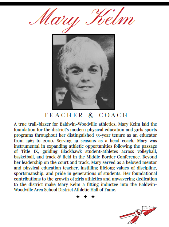 Mary Kelm's write up from the Hall of Fame, her name and a black and white photo.