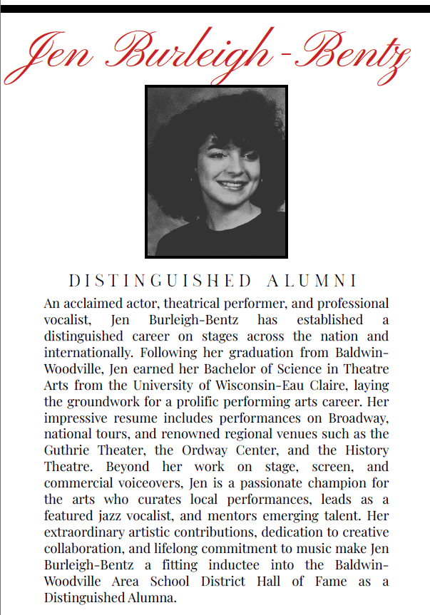 Document titled "Jen Burleigh-Bentz - Distinguished Alumni" featuring a black-and-white high school portrait of Jen with dark curly hair, accompanied by a paragraph detailing her career as a Broadway actor, vocalist, and Baldwin-Woodville Hall of Fame inductee.