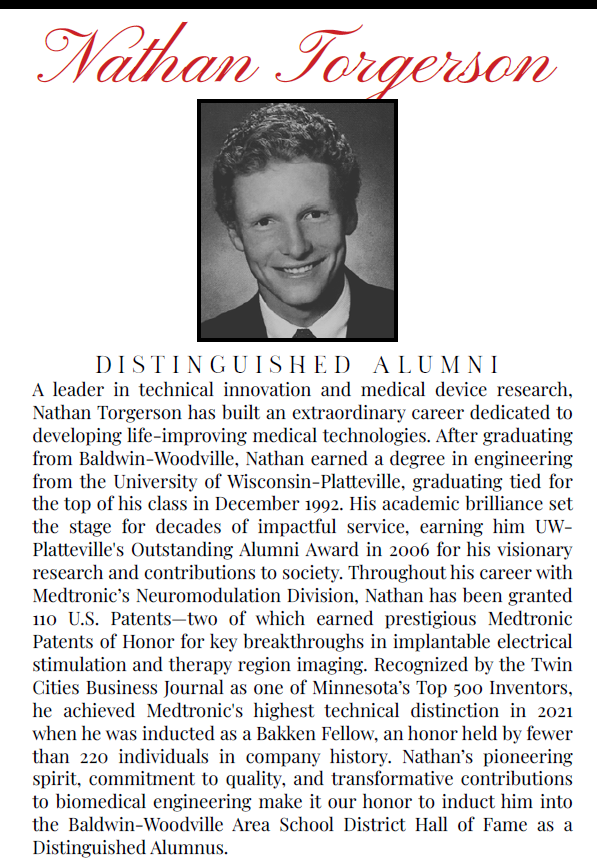 Document titled "Nathan Torgerson - Distinguished Alumni" featuring a black-and-white high school photo of Nathan, accompanied by a biography highlighting his engineering degree from UW-Platteville, 110 U.S. patents with Medtronic, and selection as a Bakken Fellow.