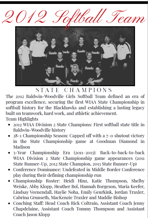 Document titled "2012 Softball Team - State Champions" featuring a black-and-white team photo accompanied by text detailing their 28-1 season, WIAA Division 2 State Championship victory, 3-year state finals run, roster, and coaching staff.