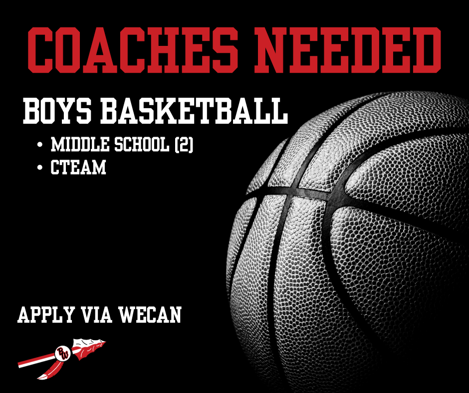 Graphic announcing open coaching positions for Boys Basketball, featuring a basketball graphic and the school logo.