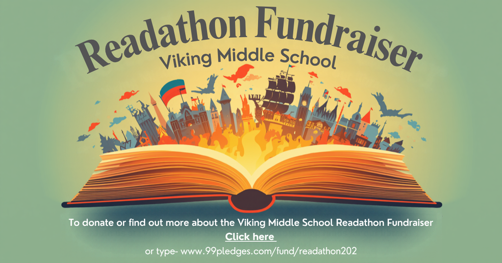 An illustration of an open book with colorful fairytale castles, ships, and landmarks popping out from the pages. Text above reads "Readathon Fundraiser Viking Middle School" and text below provides donation link details.