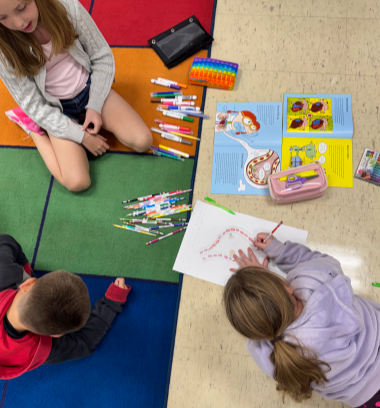 High-angle view of 4th-grade students sitting on the classroom rug surrounded by colored markers, referencing The Circulatory Story book and writing main ideas on a large sheet of paper.