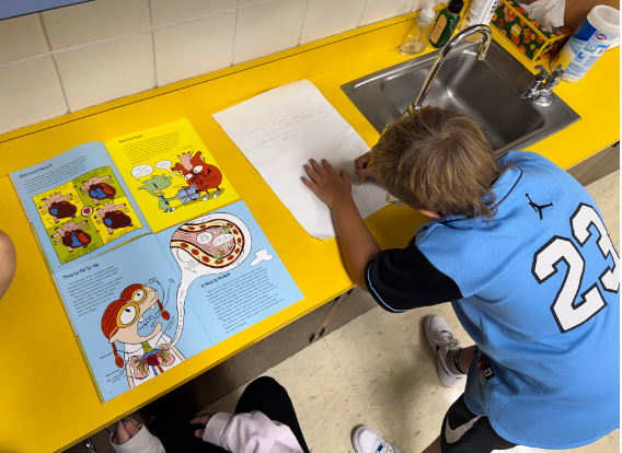 A 4th-grade student wearing a light blue sports jersey stands at a yellow counter, writing key details on a poster next to open pages of The Circulatory Story