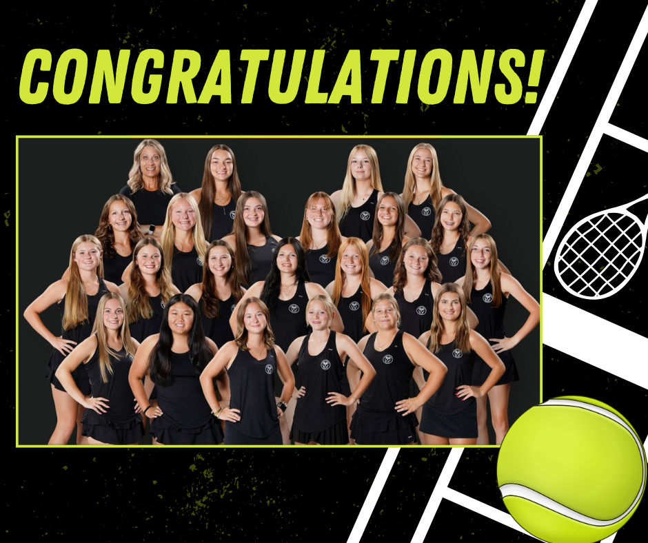 Graphic with the word "CONGRATULATIONS!" at the top in bright lime green text against a dark textured background. Center stage is a group photo of the girls tennis team and coach in matching black athletic uniforms. The right side of the graphic features white court line graphics, a tennis racket graphic, and a 3D tennis ball in the bottom corner.