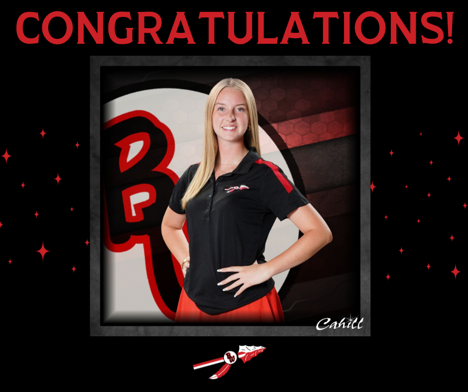 Graphic featuring "CONGRATULATIONS!" in bold red text at the top against a black background with subtle red sparkles. A framed portrait in the center displays student-athlete Nola Freeman wearing a black Baldwin-Woodville golf polo. The bottom center features the official Baldwin-Woodville spear logo.