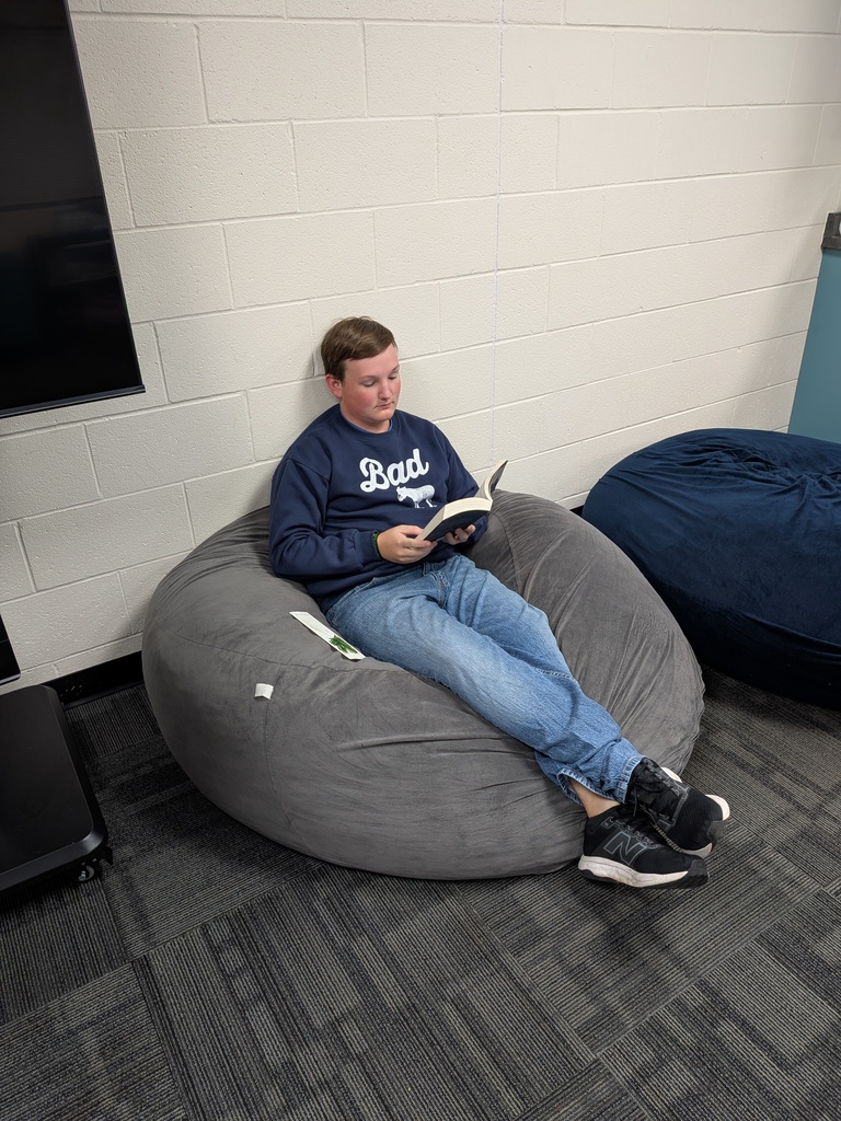 A male student relaxing comfortably in a large grey beanbag chair against a brick wall, focused on reading a paperback book.
