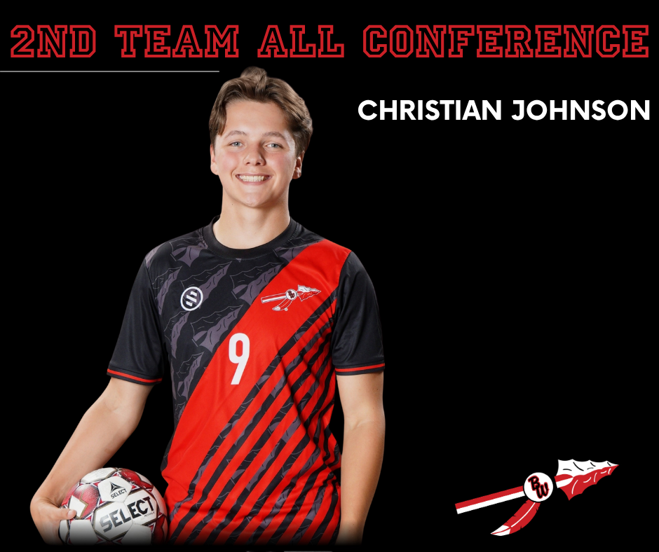 Graphic announcing Christian Johnson as 2nd Team All Conference for Baldwin-Woodville Boys Soccer. A smiling young man wearing a red, black, and gray jersey with the number 9 holds a soccer ball against a black background. The text reads "2ND TEAM ALL CONFERENCE" in red block letters at the top, with "CHRISTIAN JOHNSON" in white text to the right, and the Baldwin-Woodville school logo in the bottom right corner.