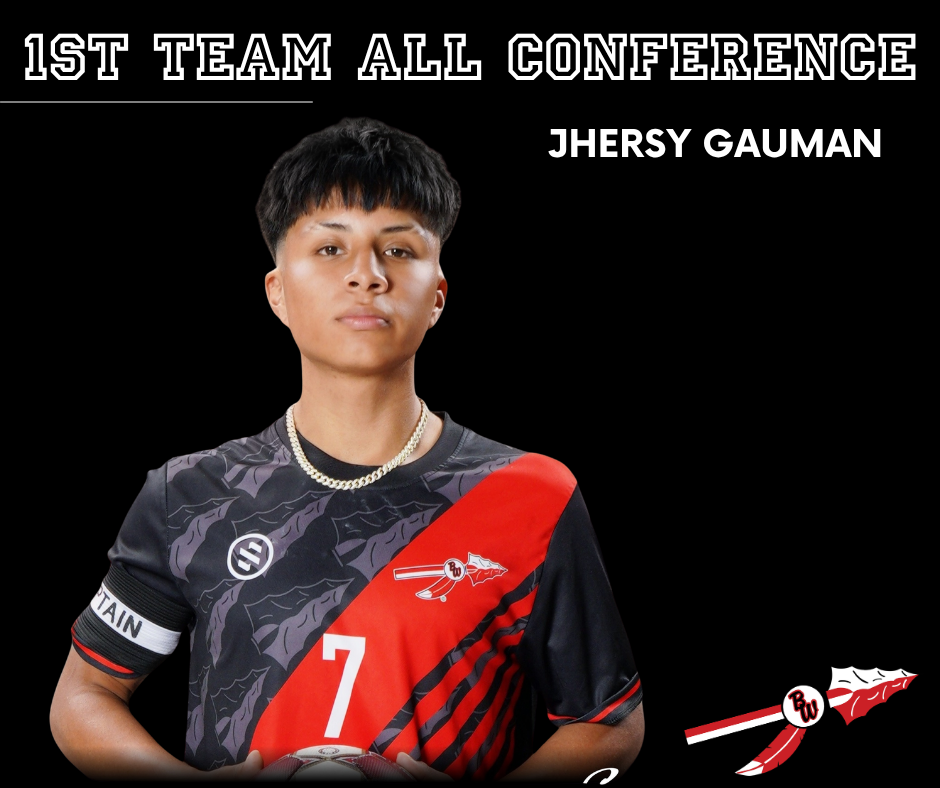 Graphic announcing Jhersy Gauman as 1st Team All Conference for Baldwin-Woodville Boys Soccer. A young man with a captain's armband wearing a red, black, and gray jersey with the number 7 holds a soccer ball against a black background. The text reads "1ST TEAM ALL CONFERENCE" in outlined block letters at the top, with "JHERSY GAUMAN" in white text to the right, and the Baldwin-Woodville school logo in the bottom right corner.