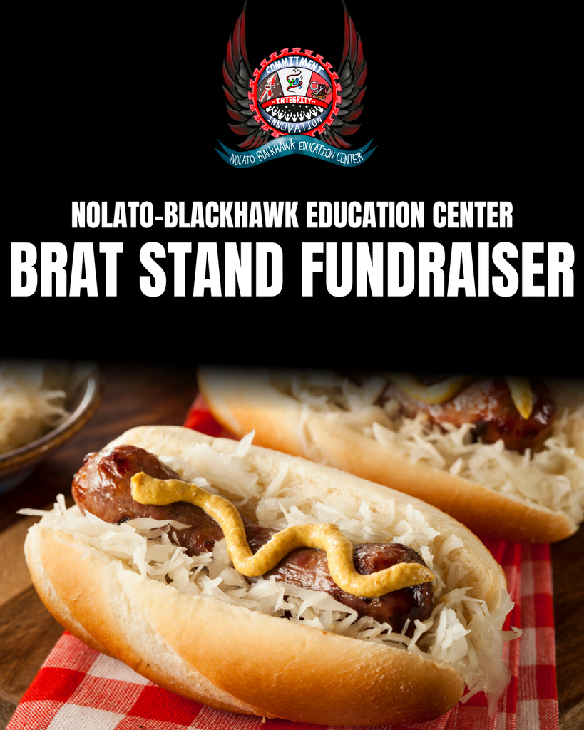 Promotional graphic for the Nolato-Blackhawk Education Center Brat Stand Fundraiser featuring the NBEC logo at the top and grilled brats topped with sauerkraut and mustard on bun rolls