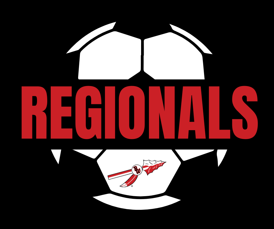 Alt Text Options: Short & Concise: Graphic featuring the word "REGIONALS" in large red letters over a white soccer ball outline on a black background, with a red feather and "BW" emblem at the bottom.