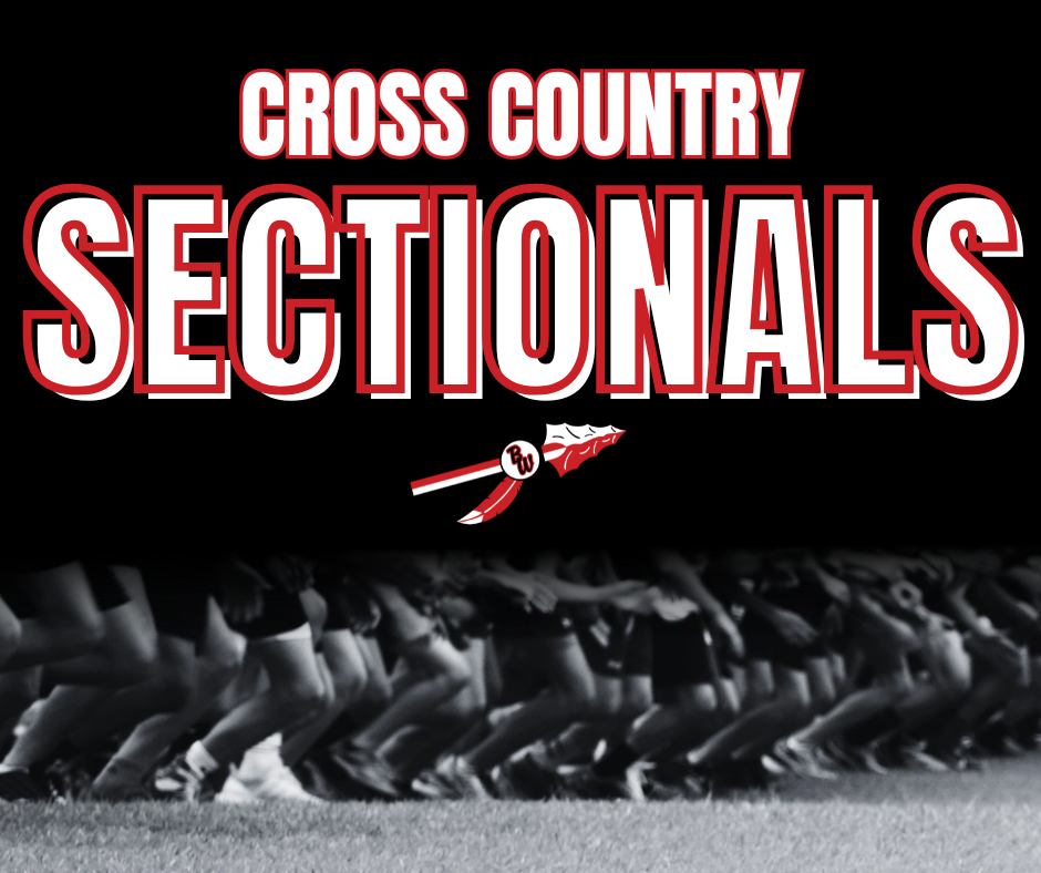 Graphic titled "Cross Country Sectionals" in bold white text outlined in red over a black background. Below the title is a logo featuring an arrowhead with the letters "BW" and two feathers. The bottom portion shows a black-and-white photograph of runners' legs lined up at the starting line on a grass field