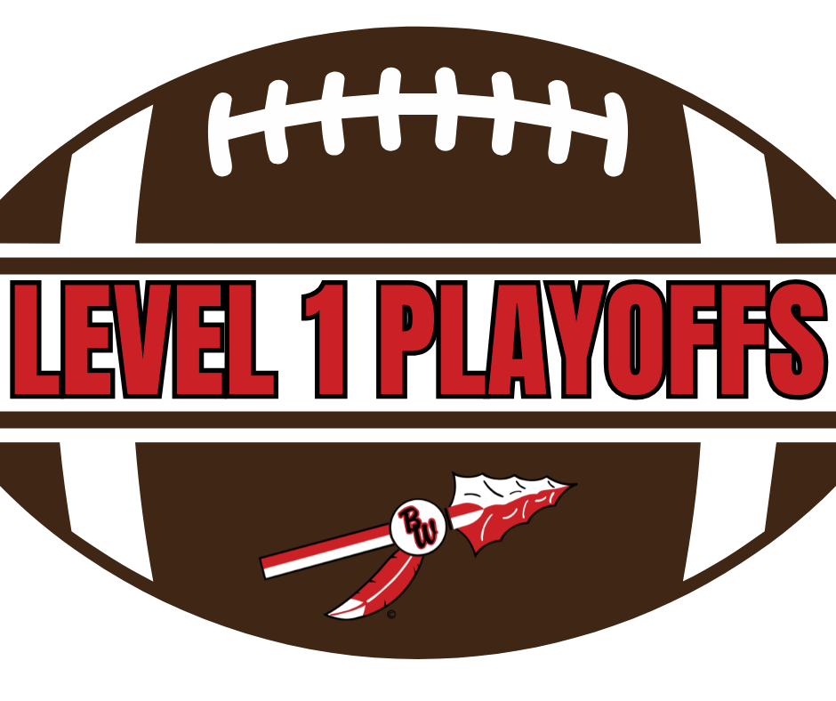 A brown football graphic with white laces, displaying bold red text that reads "LEVEL 1 PLAYOFFS" outlined in black across the middle, and the Baldwin-Woodville spear and feather logo at the bottom.