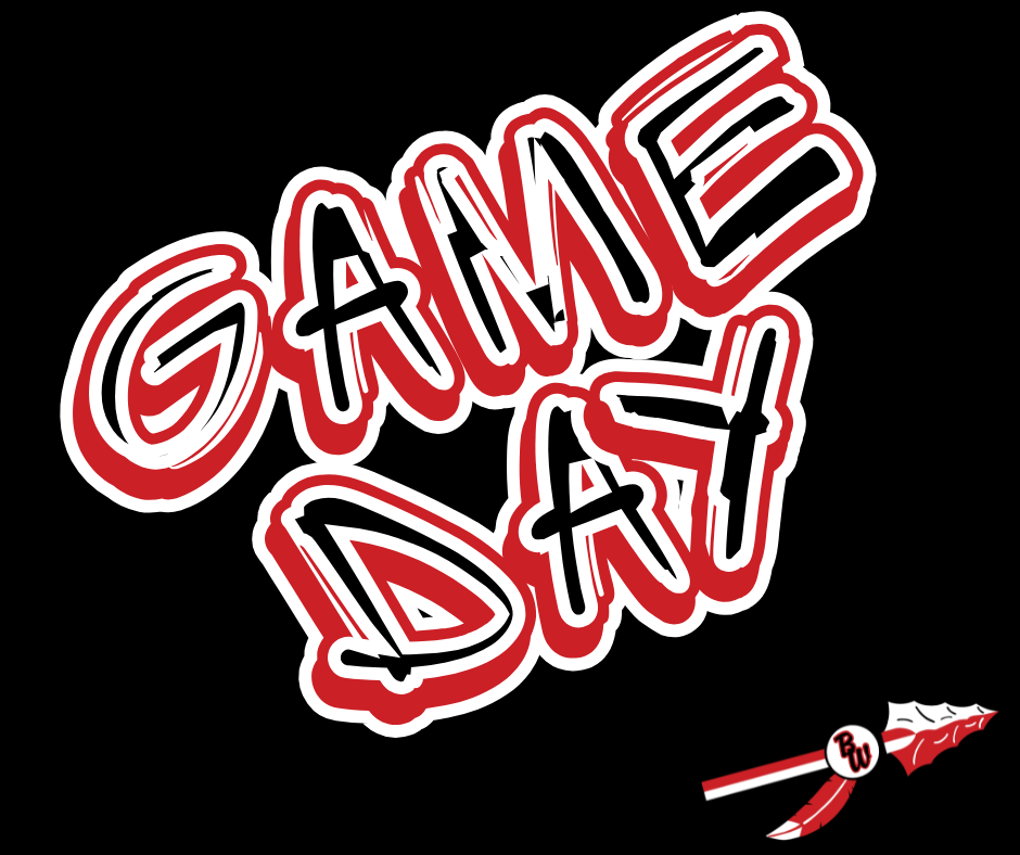"GAME DAY" written in large, bold stylized text with red, black, and white outlines on a solid black background. In the bottom right corner is the small Baldwin-Woodville school logo, featuring a red and white spearhead emblem with a circular center displaying the initials "BW" and attached red and white feathers.