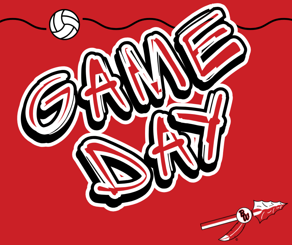 Graphic with a bright red background featuring the words "GAME DAY" in bold white stylized lettering with black shadow and red outlines. A white volleyball icon sits in the upper left corner, and the official Baldwin-Woodville Blackhawks spear and feather emblem with the letters "BW" is displayed in the bottom right corner.