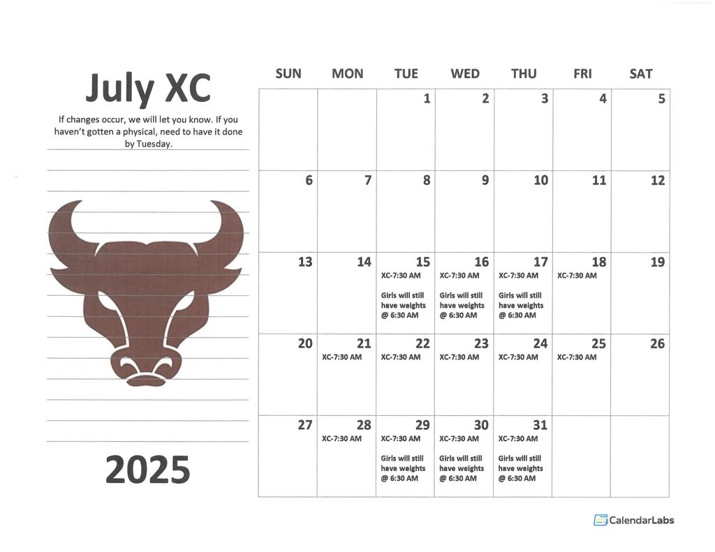 July XC Schedule