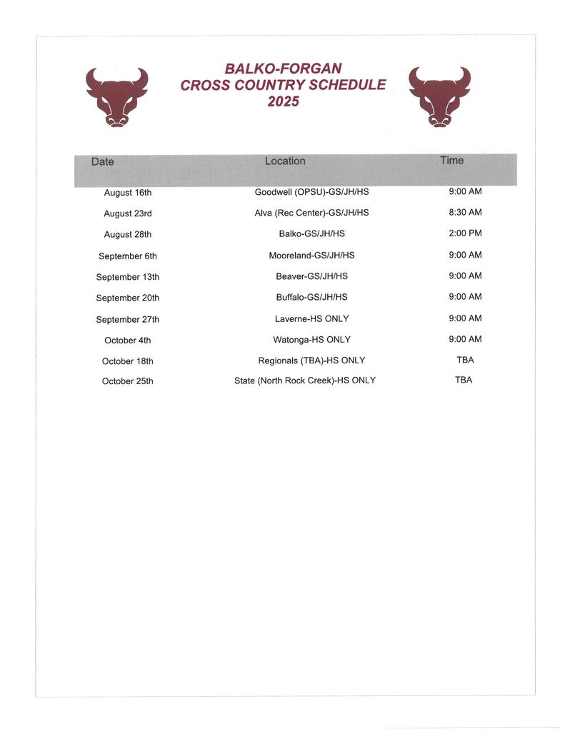 2025 XC Schedule