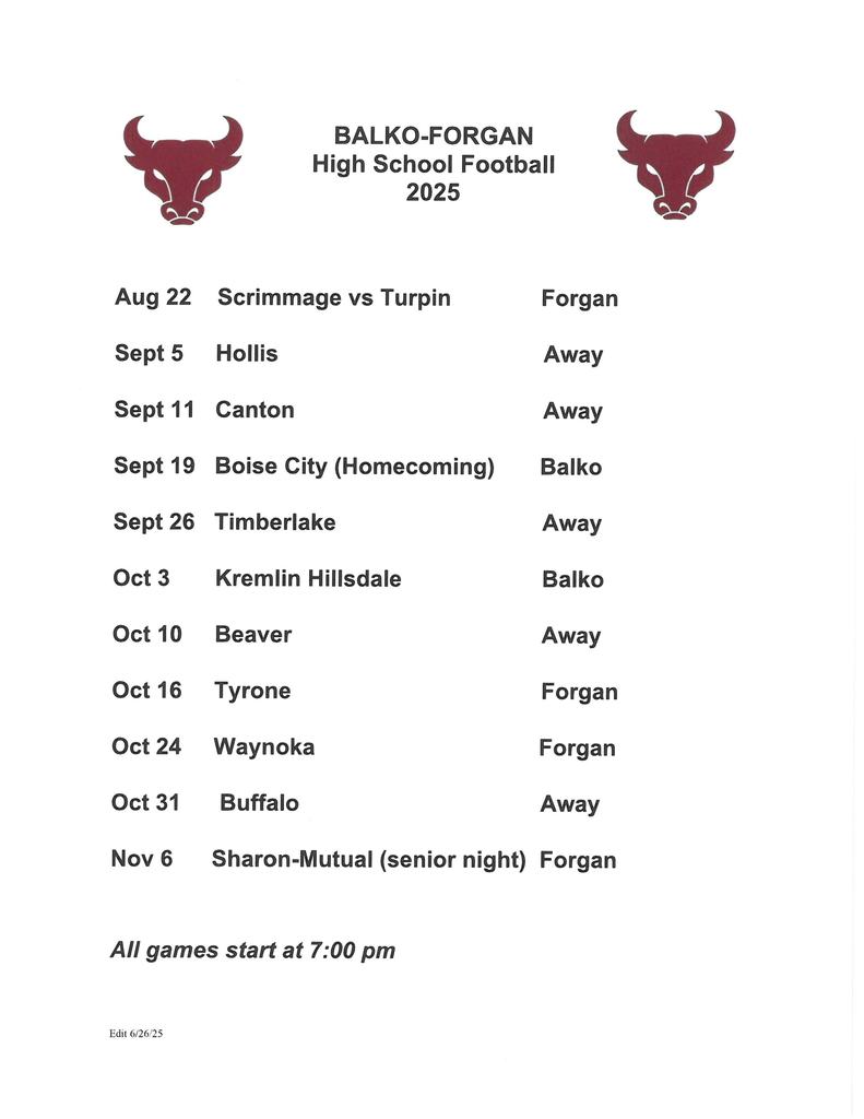 2025 HS Football Schedule