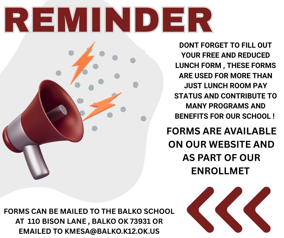 Reminder to fill out free and reduced lunch forms