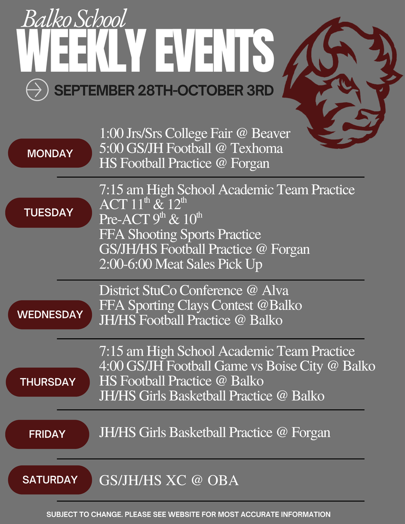 Weekly Agenda for September 28-October 3rd
