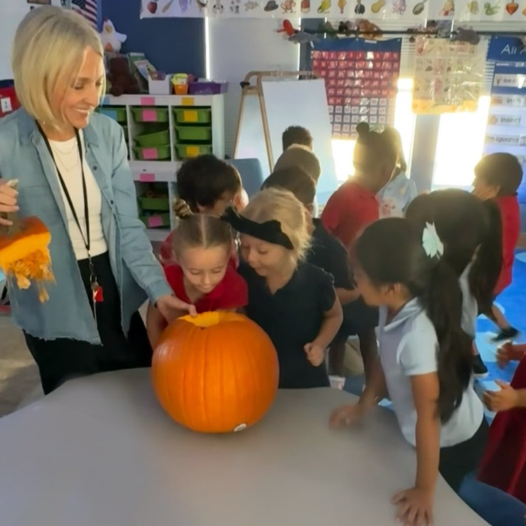 kids looking in pumpkin