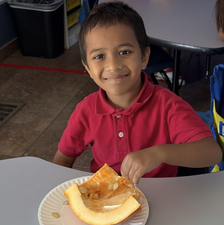 child exploring pumpkin