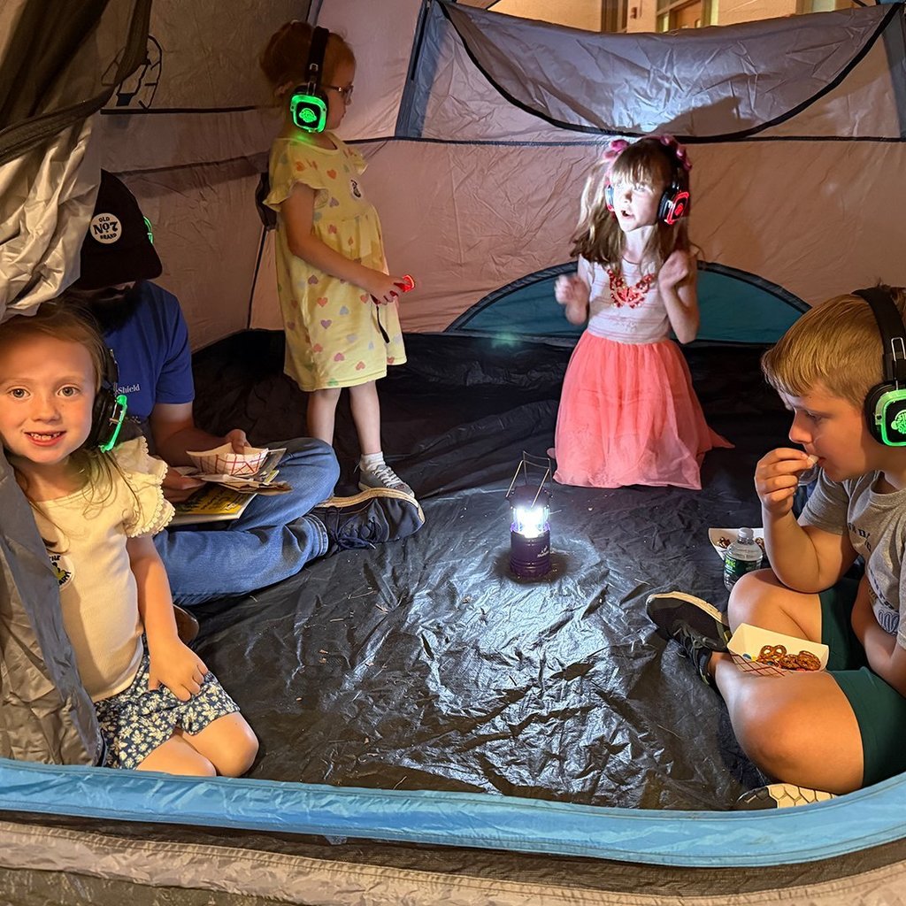 GES students camping out in a tent during Family Reading Night