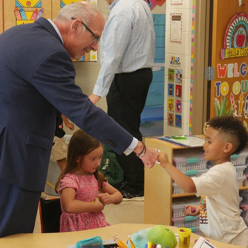 Dr. Tony Sanders meets a GES kindergarten student