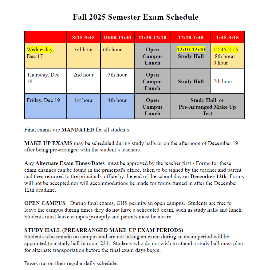Fall 2025 Semester Exam Schedule