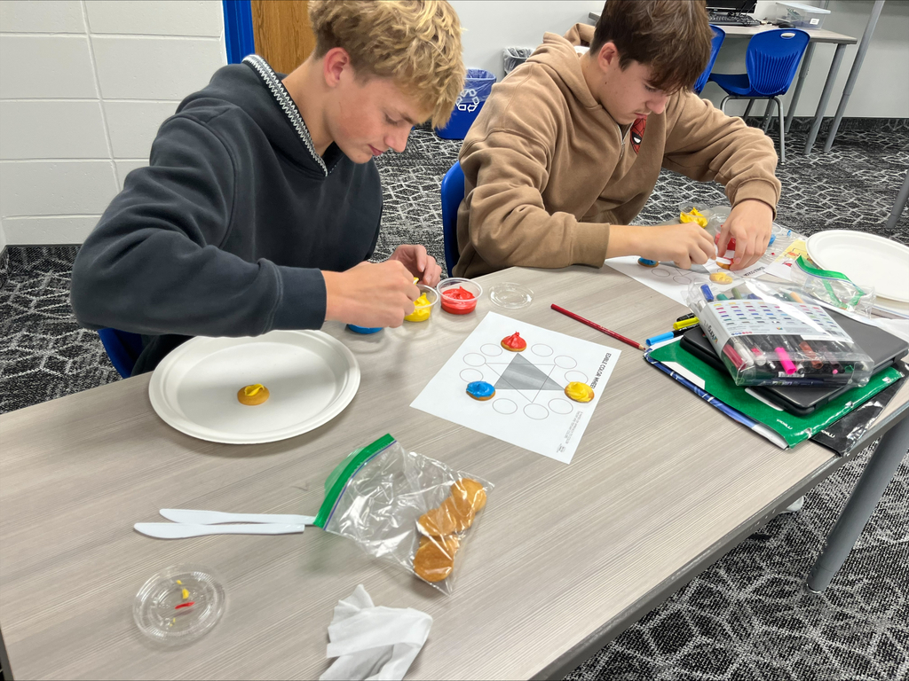 Two students work at a classroom table, decorating cookies with colorful frosting and arranging them on printed color wheel worksheets during a hands-on lesson about color theory.