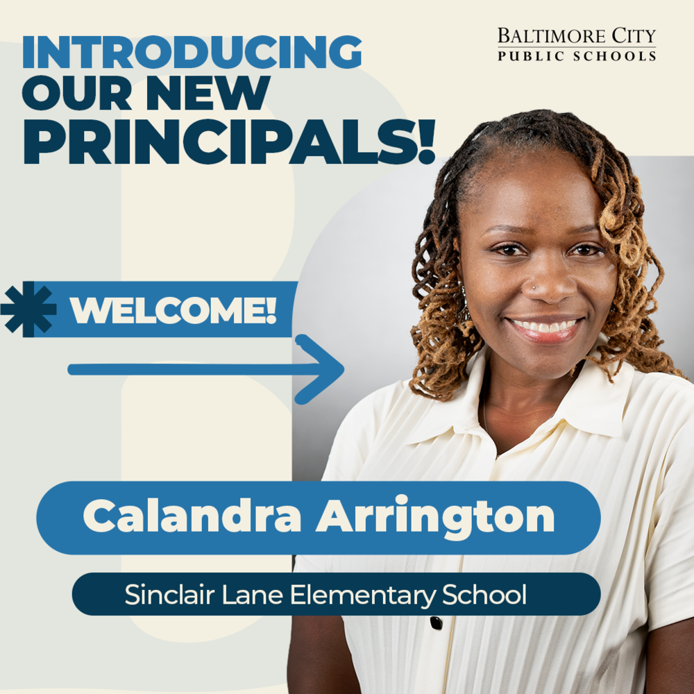 Graphic with a photo of new principal Calandra Arrington