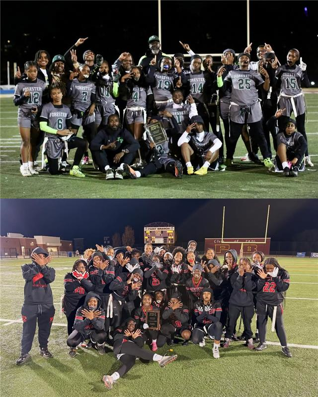 Girls Flag Football teams pose for a group photo on the football field. 