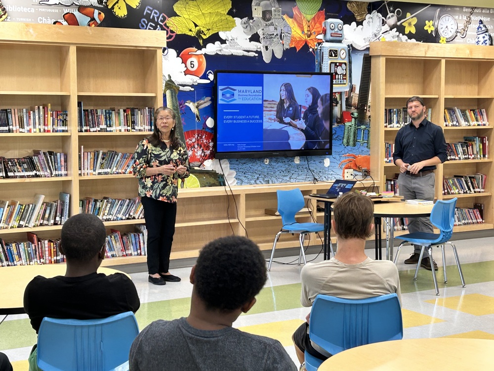 Middle school students at Hampden Elementary watcha presentation about careers in the engineering field. 