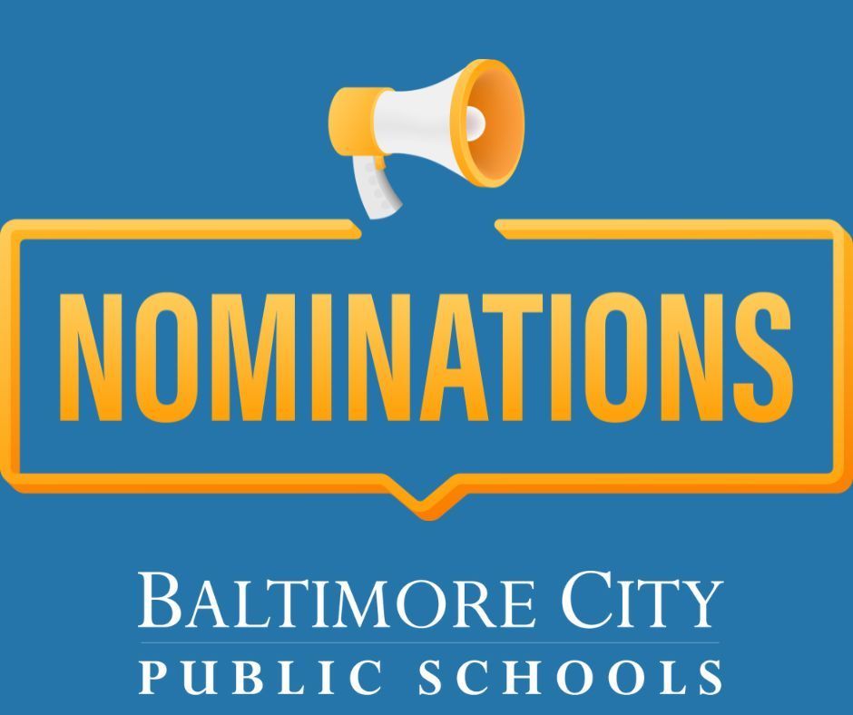 Text: Nominations with City Schools logo and illustrated megaphone