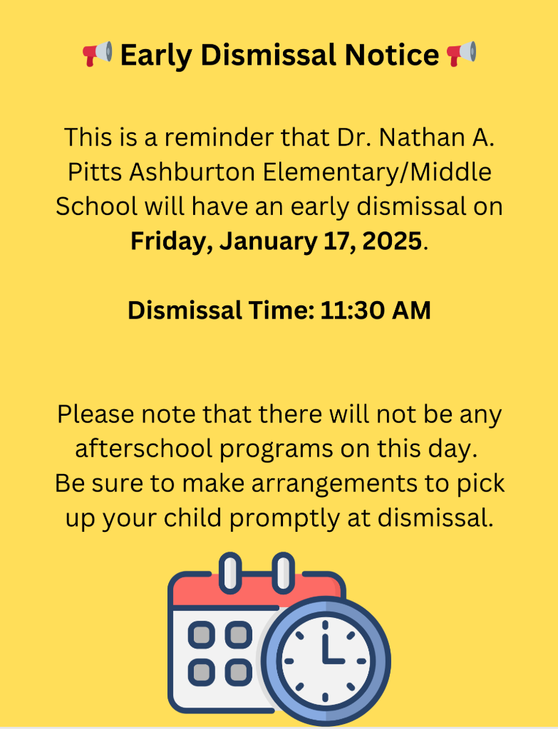 Ashburton EMS will have an early dismissal at 11:30am on Friday, January 17, 2025.
