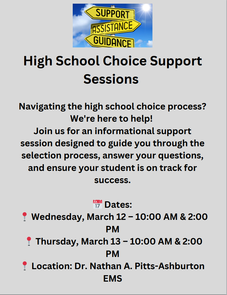 📢 8th Grade Families: Need help with High School Choice? Join us for a support session on Wed, March 12 & Thu, March 13 at 10 AM & 2 PM at Ashburton EMS. Get guidance, application help & answers to your questions! 