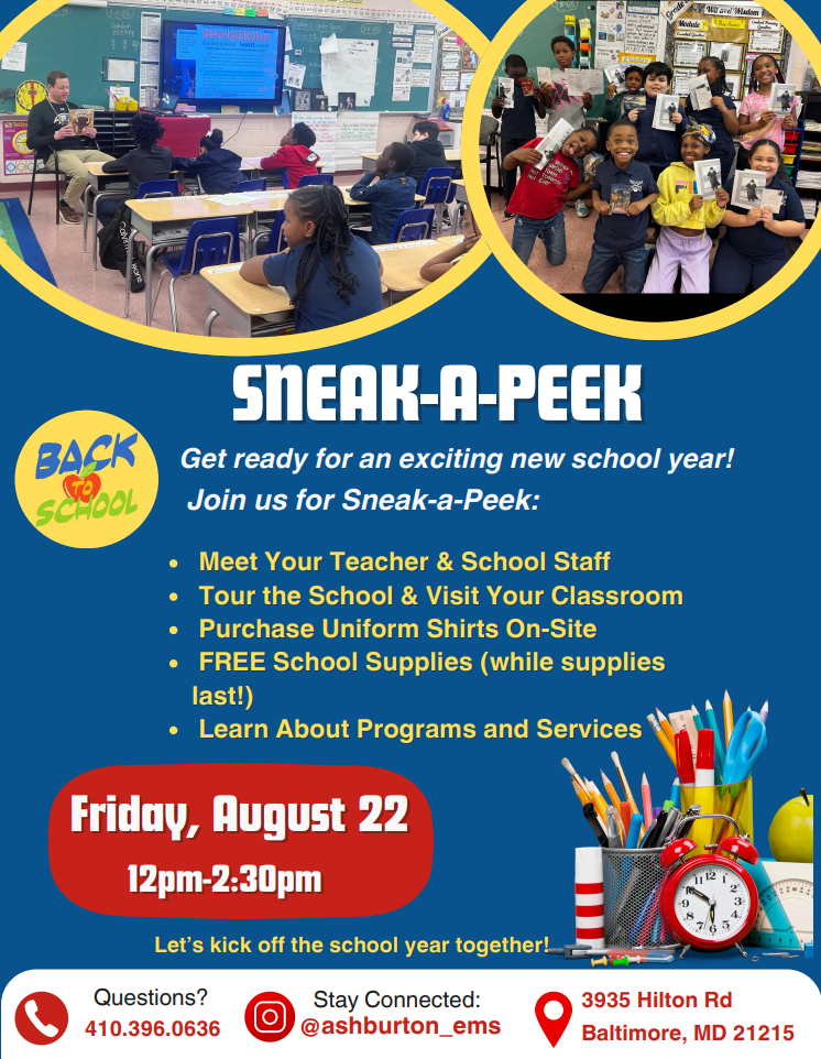 Families, mark your calendars! 🗓️ Join us on Friday, August 22, 2025, from 12:00 PM – 2:30 PM for our Sneak-a-Peek event!  Come meet your child’s teacher, tour the school, and get ready for a great school year! 🎉