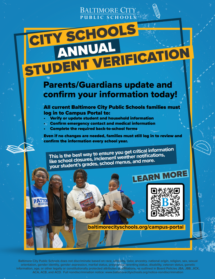 📣 It’s that time again, City Schools families! A new school year is just around the corner, and Annual Student Verification (ASV) is now OPEN for all returning students! 📝  ✅ Be sure to log into the Campus Portal to review and update your child’s information — even if nothing has changed.  🔗 Learn more and get started here: https://www.baltimorecityschools.org/page/annual-student-verification  Let’s get ready for a great year! 💙💛