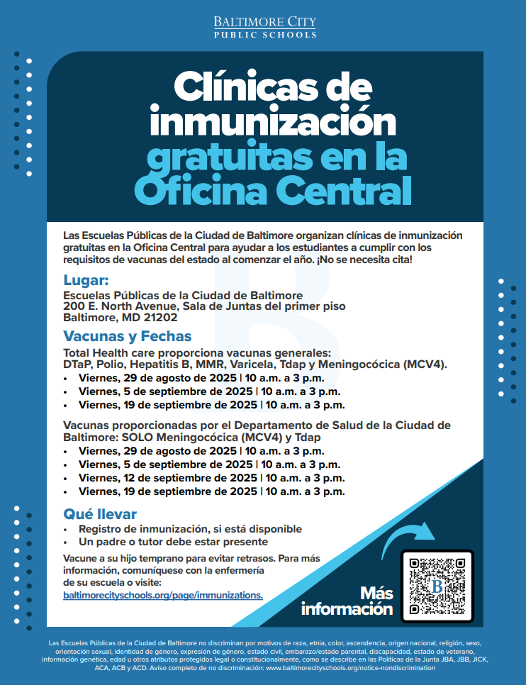 📢 Reminder: Free Immunization Clinic — Tomorrow  Baltimore City Schools is hosting a free immunization clinic tomorrow, Friday, Sept 12, 10:00 a.m.–3:00 p.m. at 200 E. North Ave., 1st Floor Board Room. No appointment needed.  Bring: • Immunization record (if available) • A parent/guardian must be present  Get your child vaccinated to avoid delays with school attendance. 💙